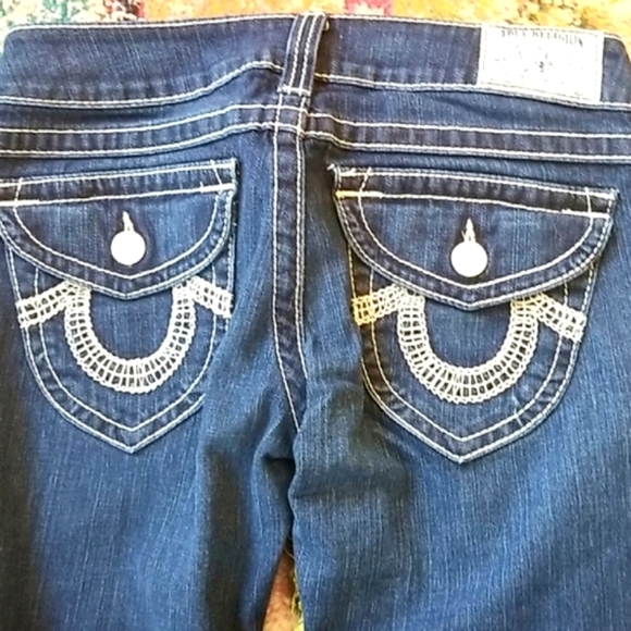 Y2k TRUE RELIGION Joey Dark Low FLARE HorseShoe Topstitched Bell IT Jeans 29 EUC - Picture 4 of 16